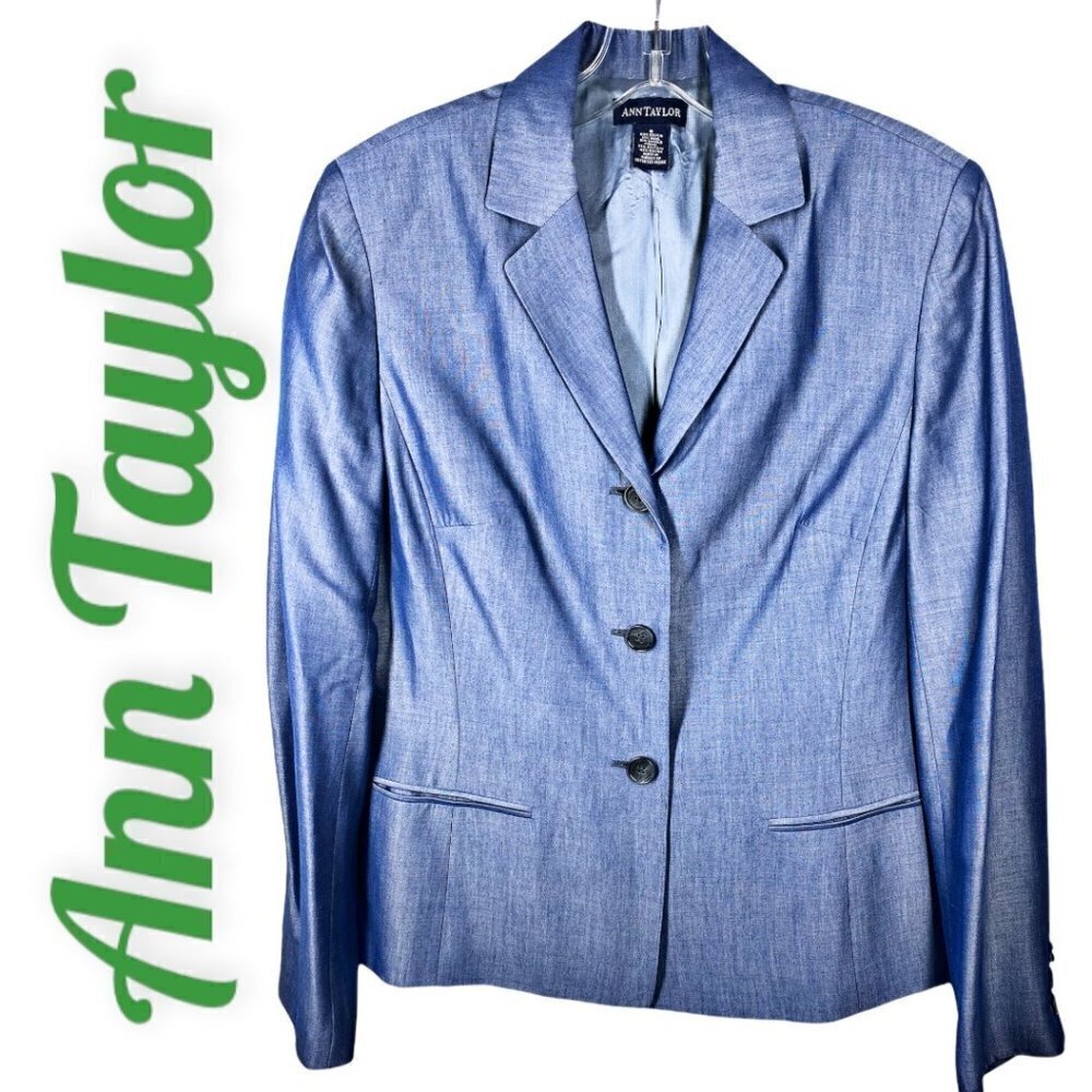 ANN TAYLOR Blue Sateen Wool 3-button Blazer, Size 8